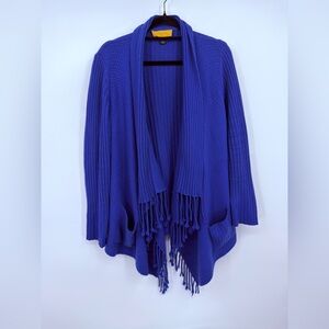 St John 100% Cashmere Blue Fringe Cardigan Petite Open Front Luxury Sweater